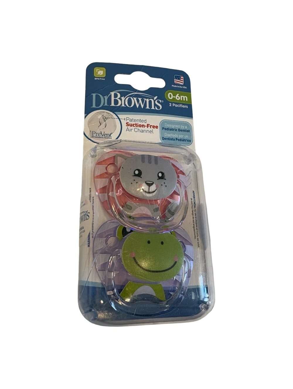 Dr Browns 2pk Baby Infant Prevent Pacifiers Binky Pink Kitty Cat Green Frog 0-6M